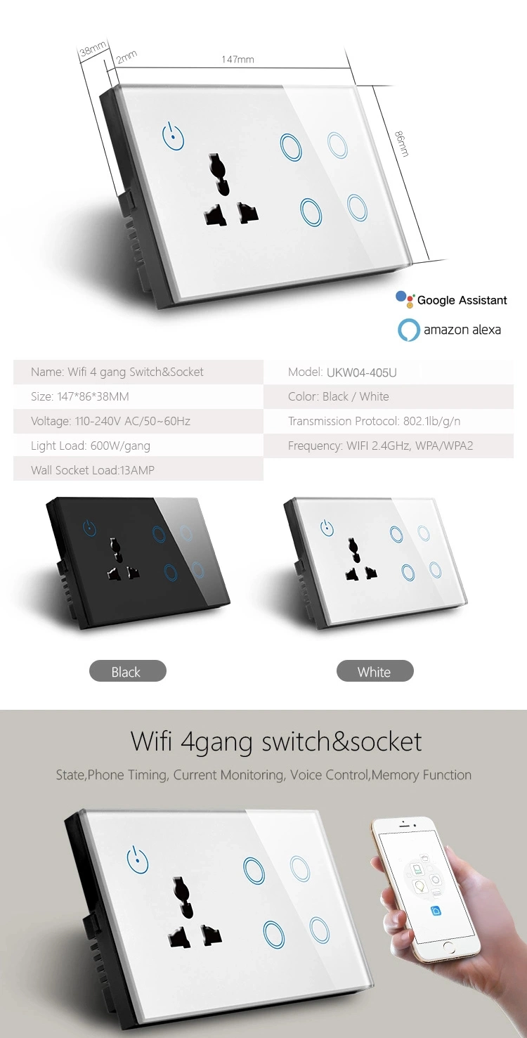 UK Standard WiFi Smart Switch and Wall Socket Voice Control Switch Socket 4 Gang Switch with Socket